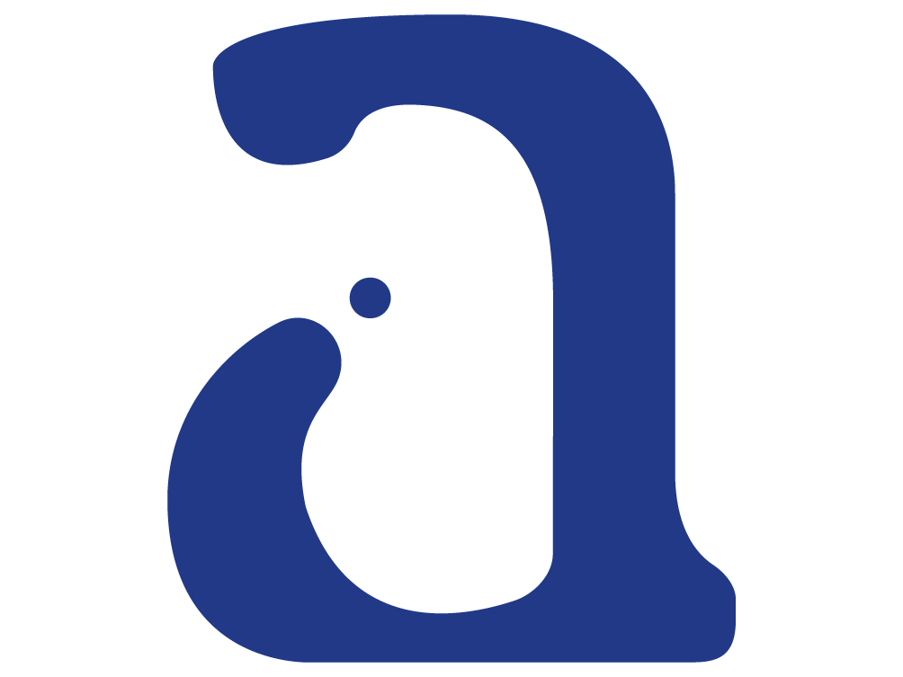 Logotipo minimalista de color azul con forma de a minúscula representando una mancha de tinta que simboliza trazo suave de un proyecto bello y bien realizado.