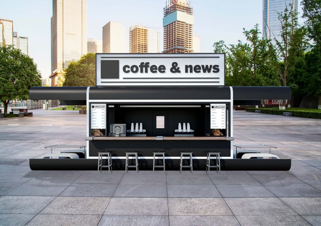 Render 3D de una cafeteria Foodtruck en exterior.